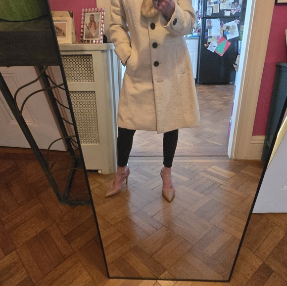 Beautiful Fitted White/Cream Brocade Coat W Removal FUR Collar Sz Small, Merona - Picture 7 of 16